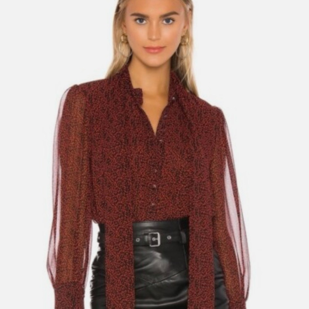 MISA Los Angeles Emina Tie Neck Red Black Blouse Sheer Long Sleeve SZ XS EUC